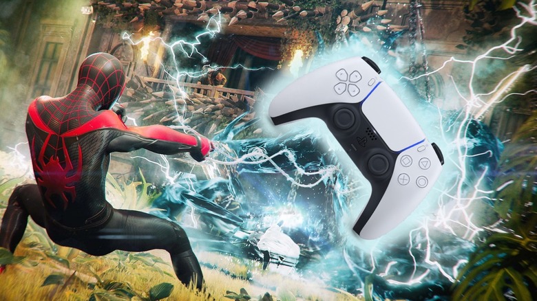 An illustration of Miles Morales Spider-Man shooting webbing at an electrified PlayStation DualSense controller