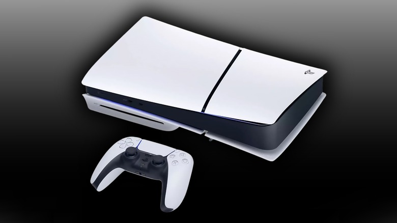 PlayStation 5 Slim with Dualsense controller on a black to white gradient background.