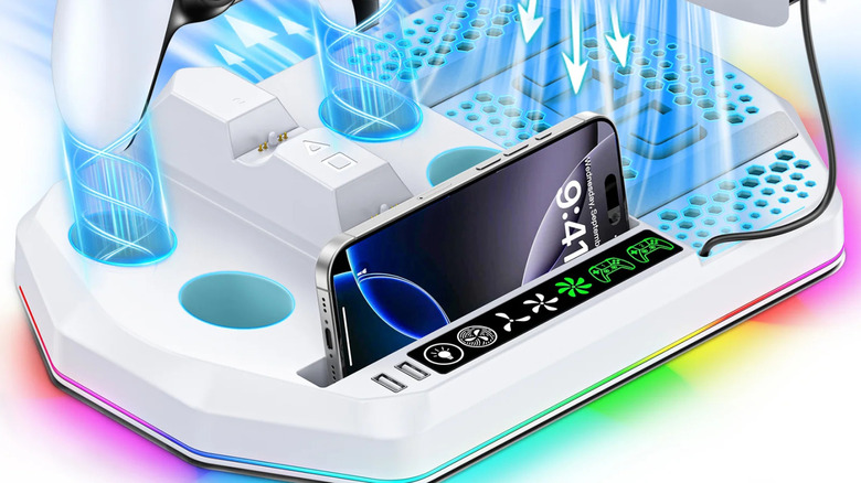 Multifunctional PS5 cooling stand with RGB lighting, controller charging docks, and smartphone holder.