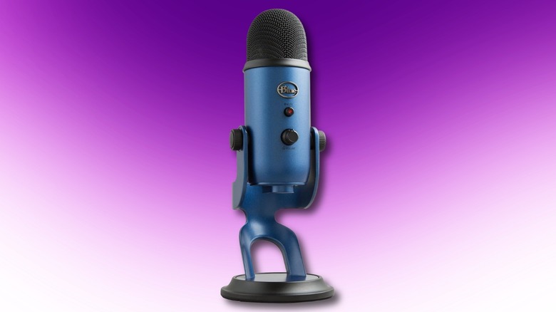Logitech Blue Yeti in Midnight Blue on a purple gradient background