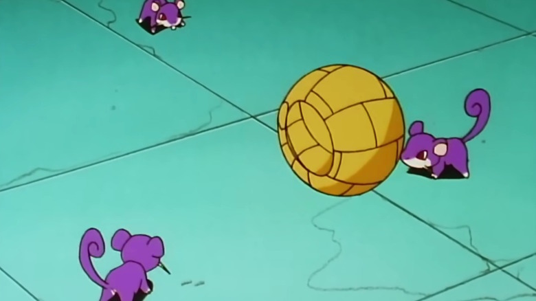 Sandshrew rolling on the floor like a ball near three rattatas