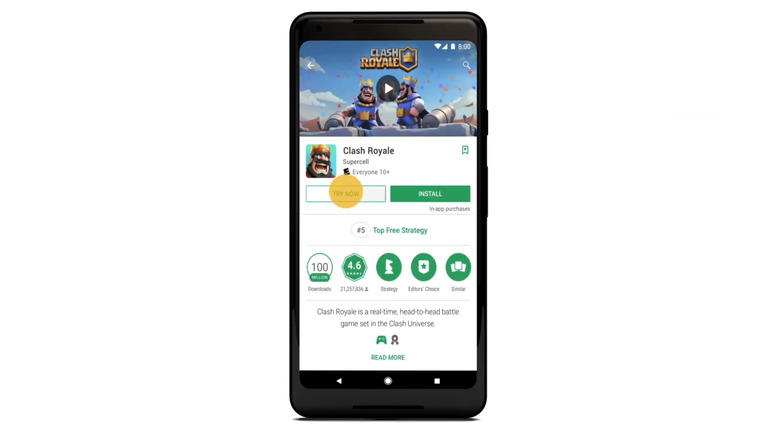 Instant Apps function on Clash Royale listing on Play Store showing Try Now button