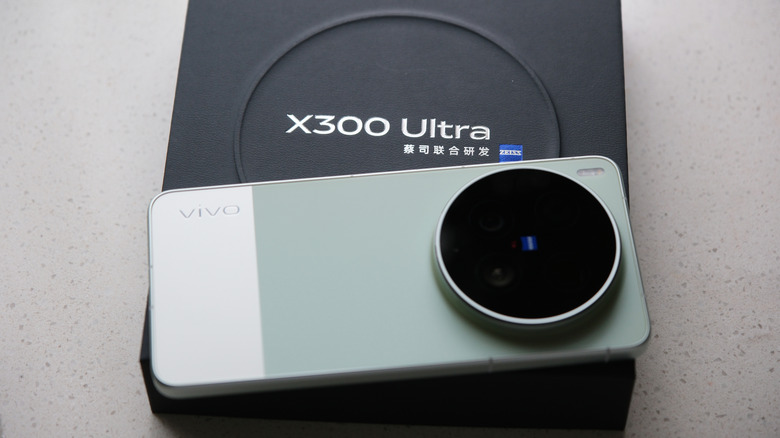 The Vivo X300 Ultra flagship on top of the retail box, with the rear camera module in view.