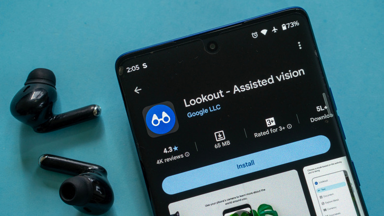 The Lookout app for assisted vision displayed on a smartphone against a blue background