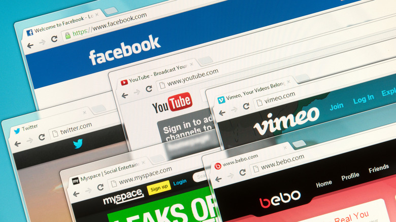 A collage of social media platforms, including MySpace and Bebo.