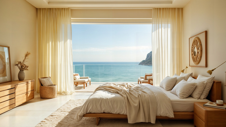 A lovely hotel room by the water.
