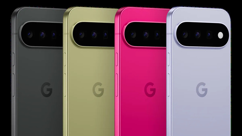Google Pixel 11 phones shown in multiple colors with rear camera bars visible.