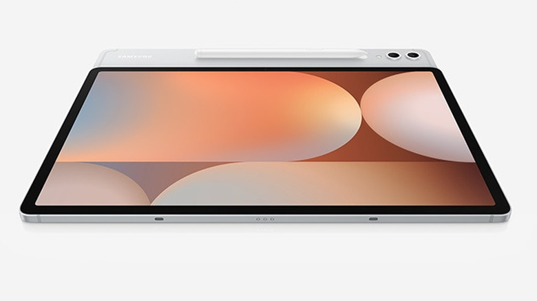 Samsung Galaxy Tab S10+ shown from the front with its rear cameras and S Pen visible.