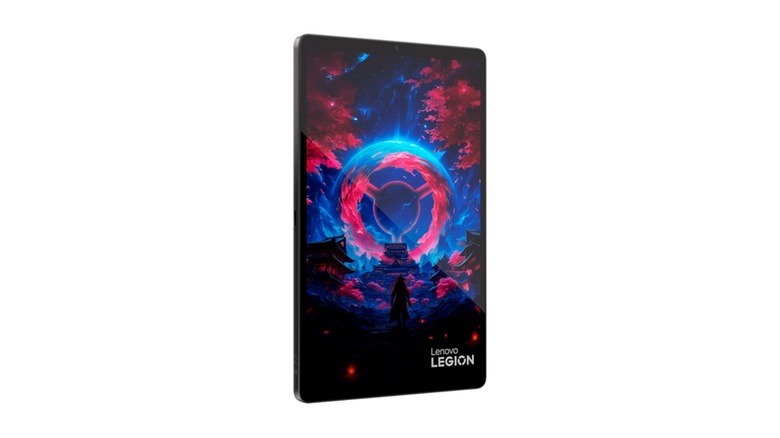 Lenovo Legion Tab Gen 5 shown from the front with a colorful gaming-themed display.