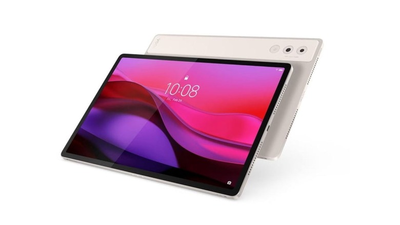 Lenovo Yoga Tab Plus shown from the front and back with a colorful display.