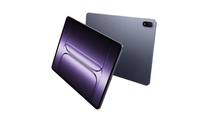 OnePlus Pad 3 shown from the front and back with a purple display.