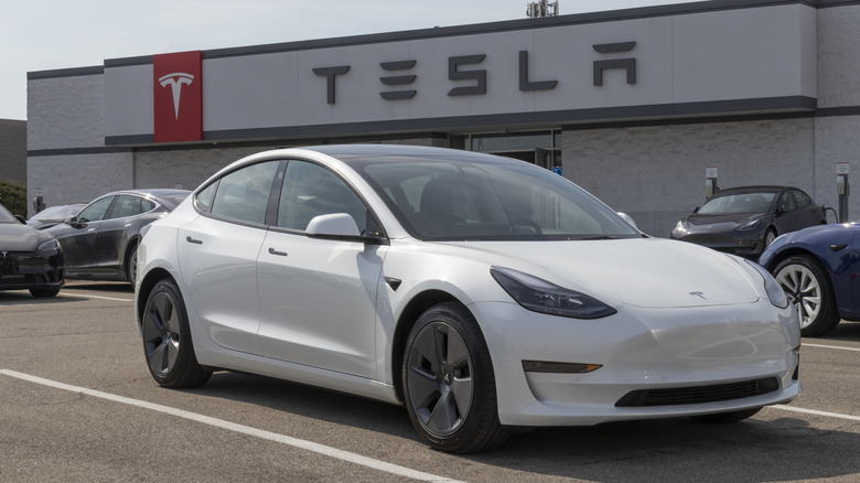 White Tesla EV parked outside a Tesla showroom.