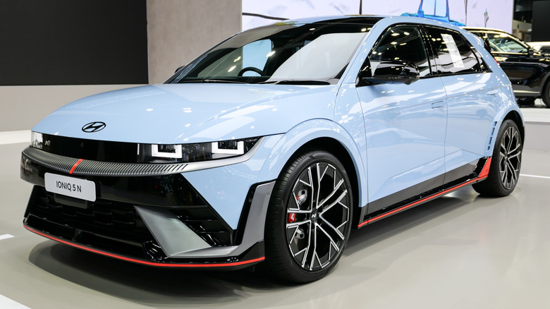 Hyundai Ioniq 5 N displayed indoors with its front and side visible.
