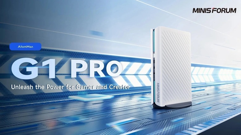 Promotional image showing a white Minisforum AtomMan G1 Pro in a blue environment