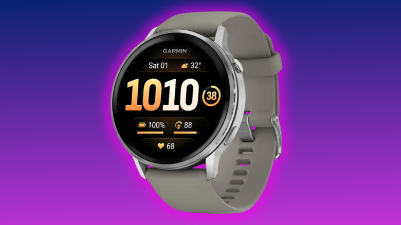 Garmin Venu 4 promo image on a purple gradient background