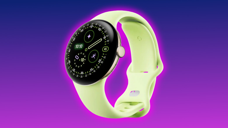 Google Pixel Watch 4 promo image on a purple gradient background