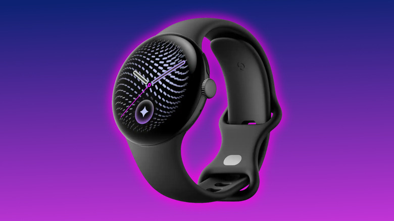 Google Pixel Watch 5 promo image on a gradient purple background