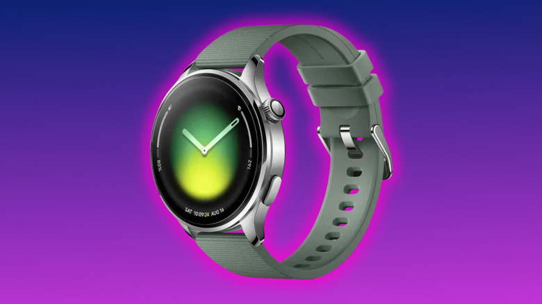 Xiaomi Watch 5 promo image on a purple gradient background