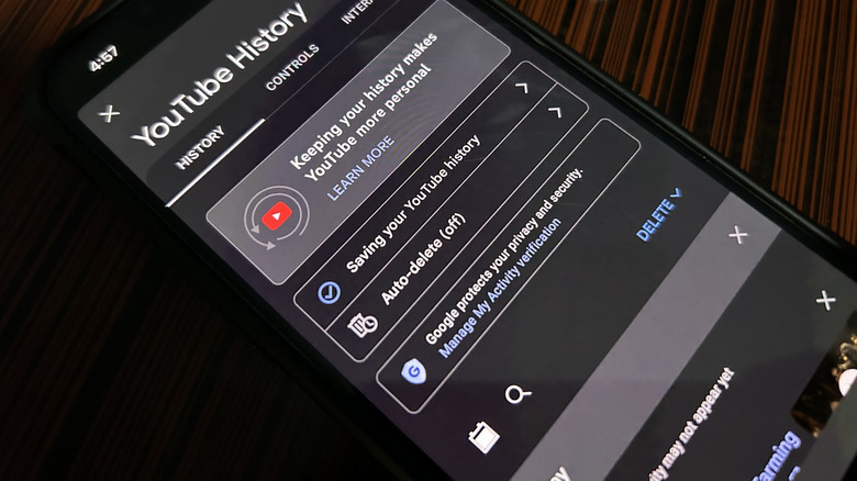 The "YouTube History" page in the YouTube mobile app