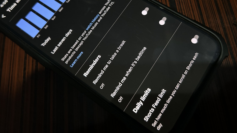 The "Reminders" section of the Time Management screen in the YouTube mobile app