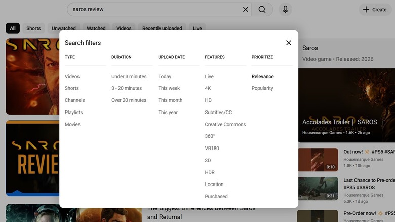Search filters on YouTube