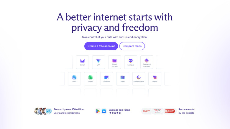 Proton website showing signup page and additional features