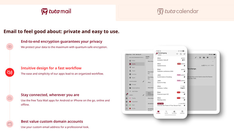 Tuta website displaying Tuta Mail features