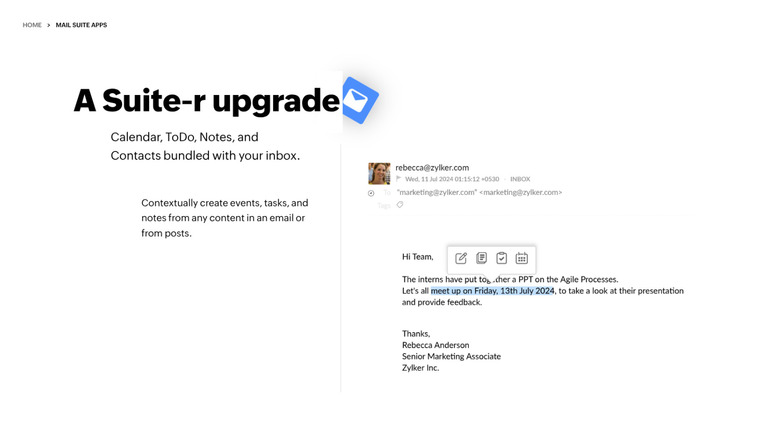 Zoho website showing email and included added features