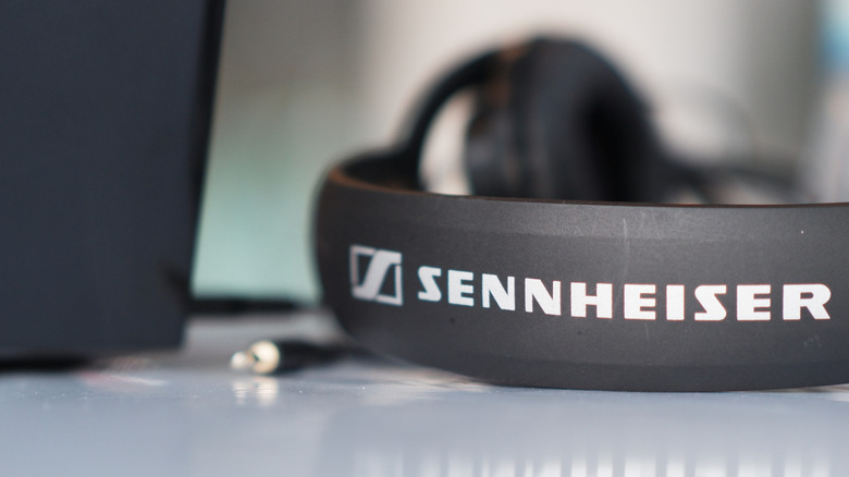 sennheiser headphones laying on a desk