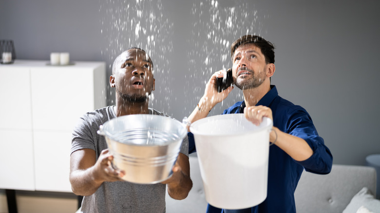 Two men holding buckets under a leak