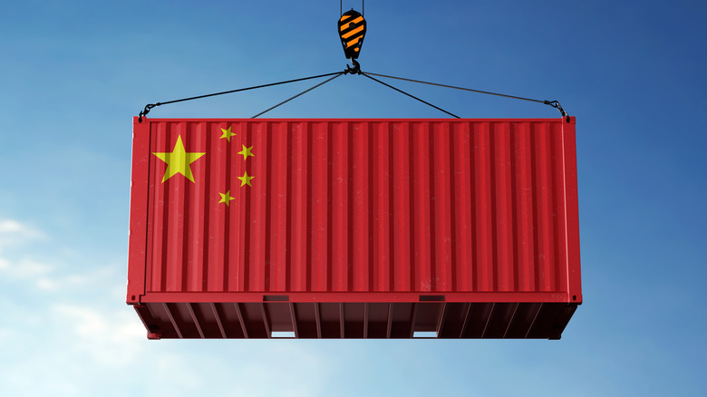 A shipping container painted to look like the Chinese flag.