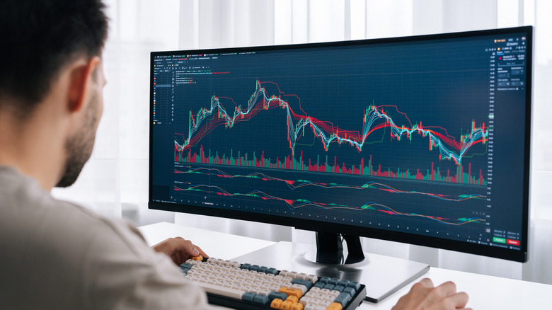 Person analyzing stock market charts on ultrawide monitor