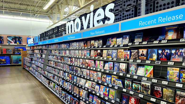 An aisle of Blu-ray movies at a big box retail store