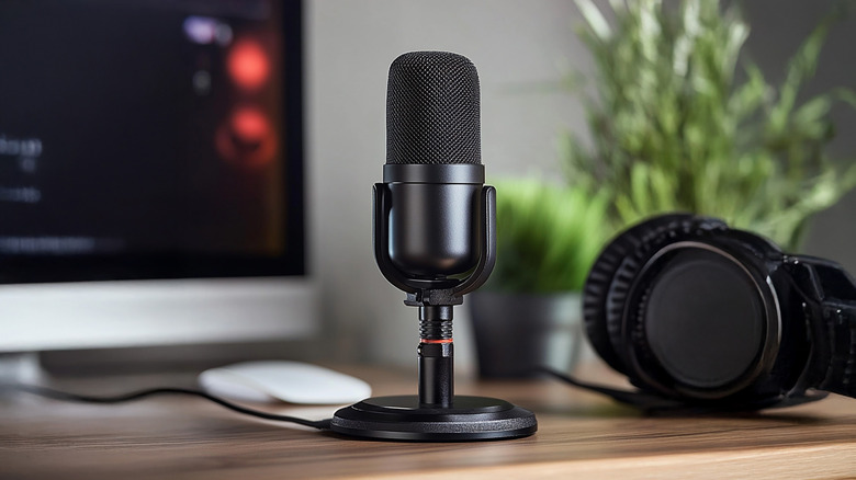 A USB desktop microphone on a desk with headphones, a mouse, and a monitor in the background