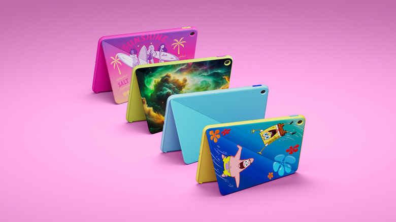 New Amazon Kids Tablets showing off character backgrounds on the cases with kickstands on pink background