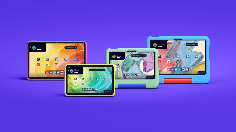 Amazon's lineup of new Kids Tablets in different case styles on blue and purple background