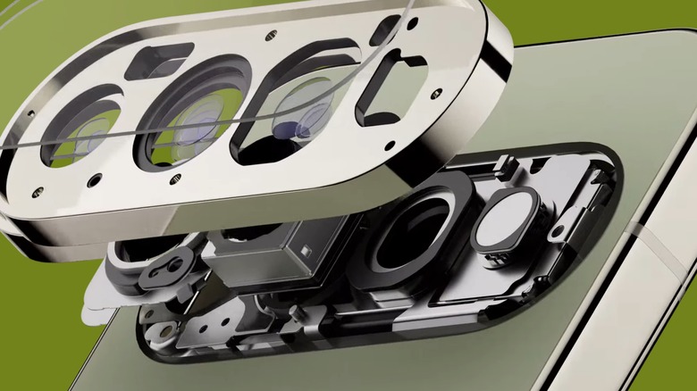 Exploded view of Pixel 11 camera with green background