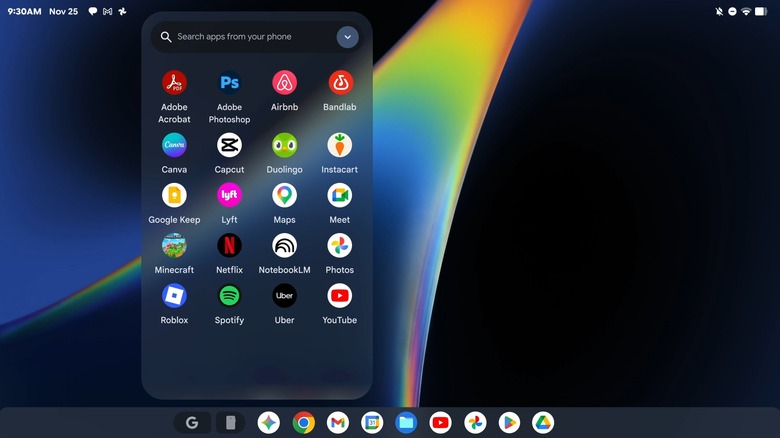 An app drawer is open showing a number of different third-party apps (including Airbnb, Netflix, and Adobe Photoshop) as displayed within the Googlebook OS desktop screen