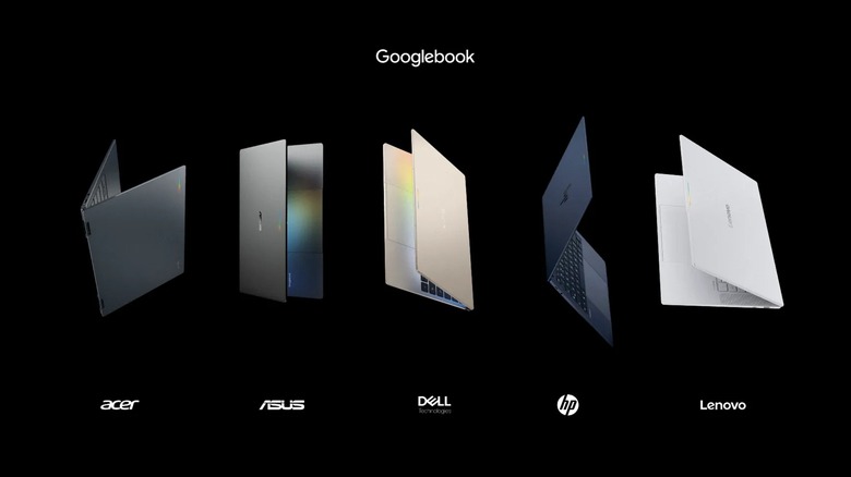 An image of the first five laptops to launch under the Googlebook moniker, showing devices from Acer, Asus, Dell, HP, and Lenovo