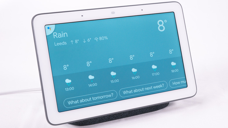 A Google Nest Hub forcasting the weather on a white background