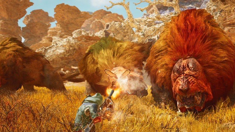 Hunter using bowgun to hunt doshaguma in Monster Hunter Wilds