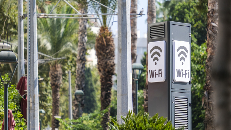 Wi-Fi sign in a public space highlighting free wi-fi connectivity