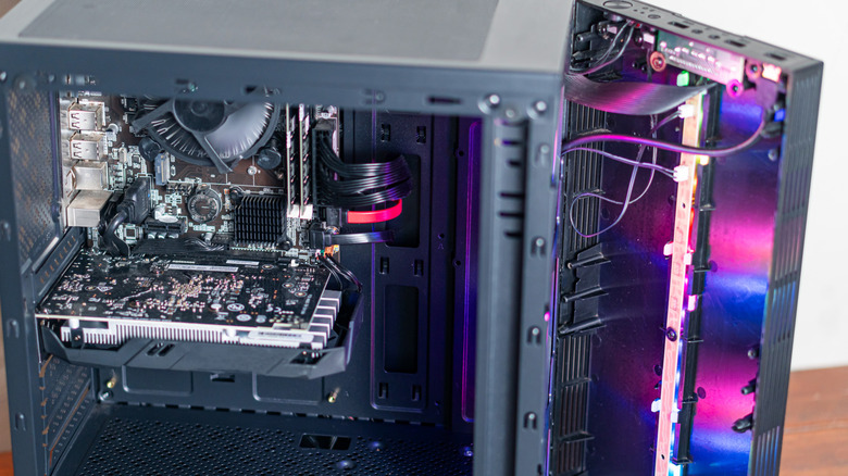 A close-up shot of an open computer case with all its components in view