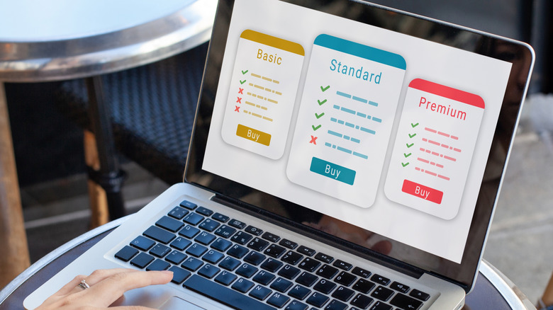 A woman using a laptop to look at various payment plans