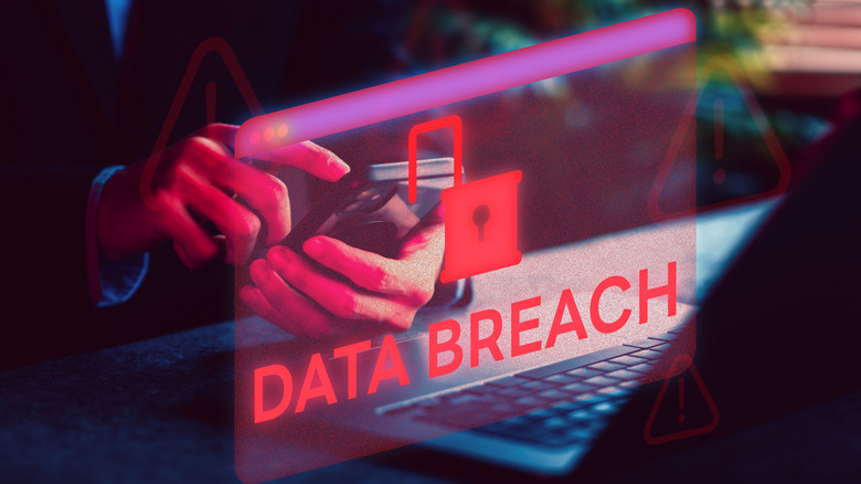 data breach graphics with a person checking his smartphone and a laptop in the background