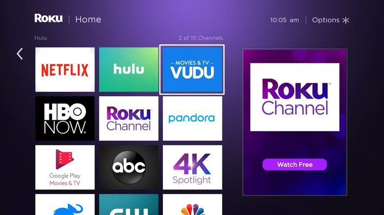 Roku home screen showing streaming channels