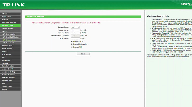 transmit power settings for the 2.4GHz band on a router