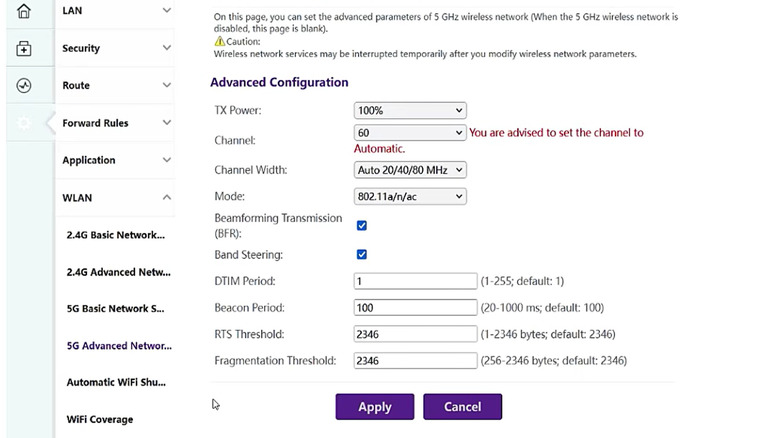 enabling beamforming for the router through admin panel