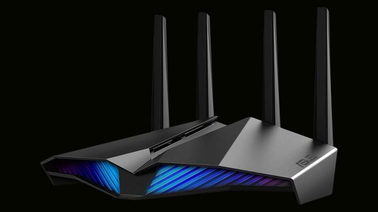 Asus RT-AX82U AX5400 Dual-Band WiFi 6 Gaming Router on a black background