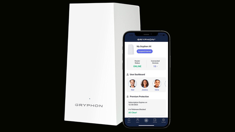 Product image of Gryphon AX router and app on a black background